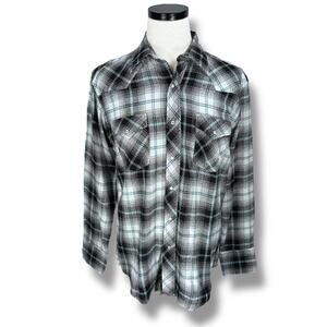 Wrangler Western Flannel Shirt Men’s Large Black White Plaid‎ Pearl Snap Rancher
